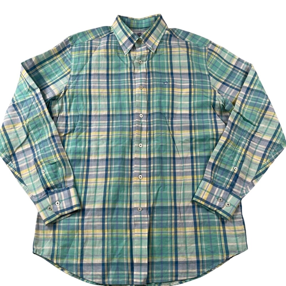 Southern Tide Shirt Men M Aqua Plaid Linen Cotton Button Down Preppy Work Casual